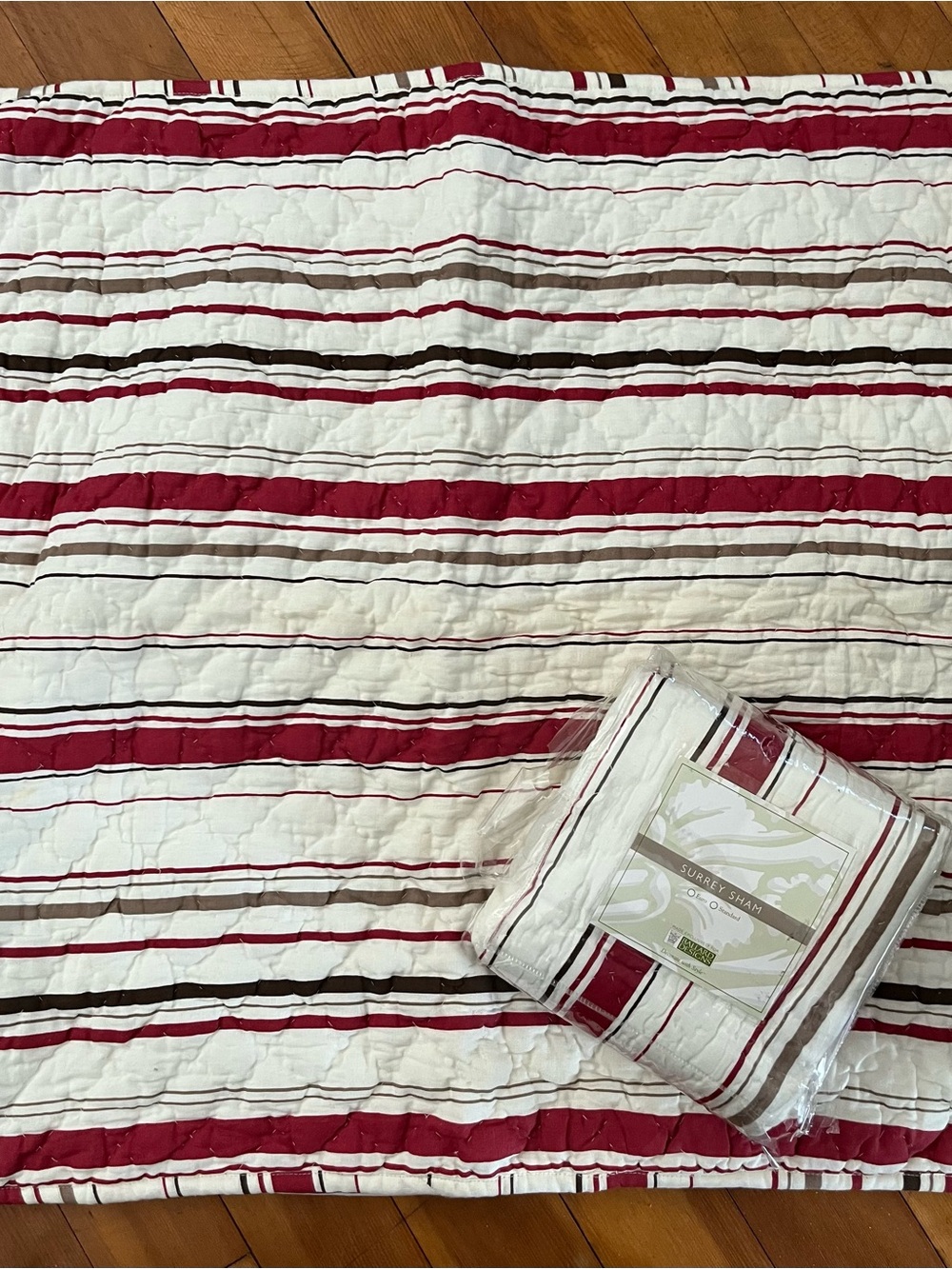 Ballard Designs Striped Red, Brown and White Quilted Euro Sham 26” x 26”